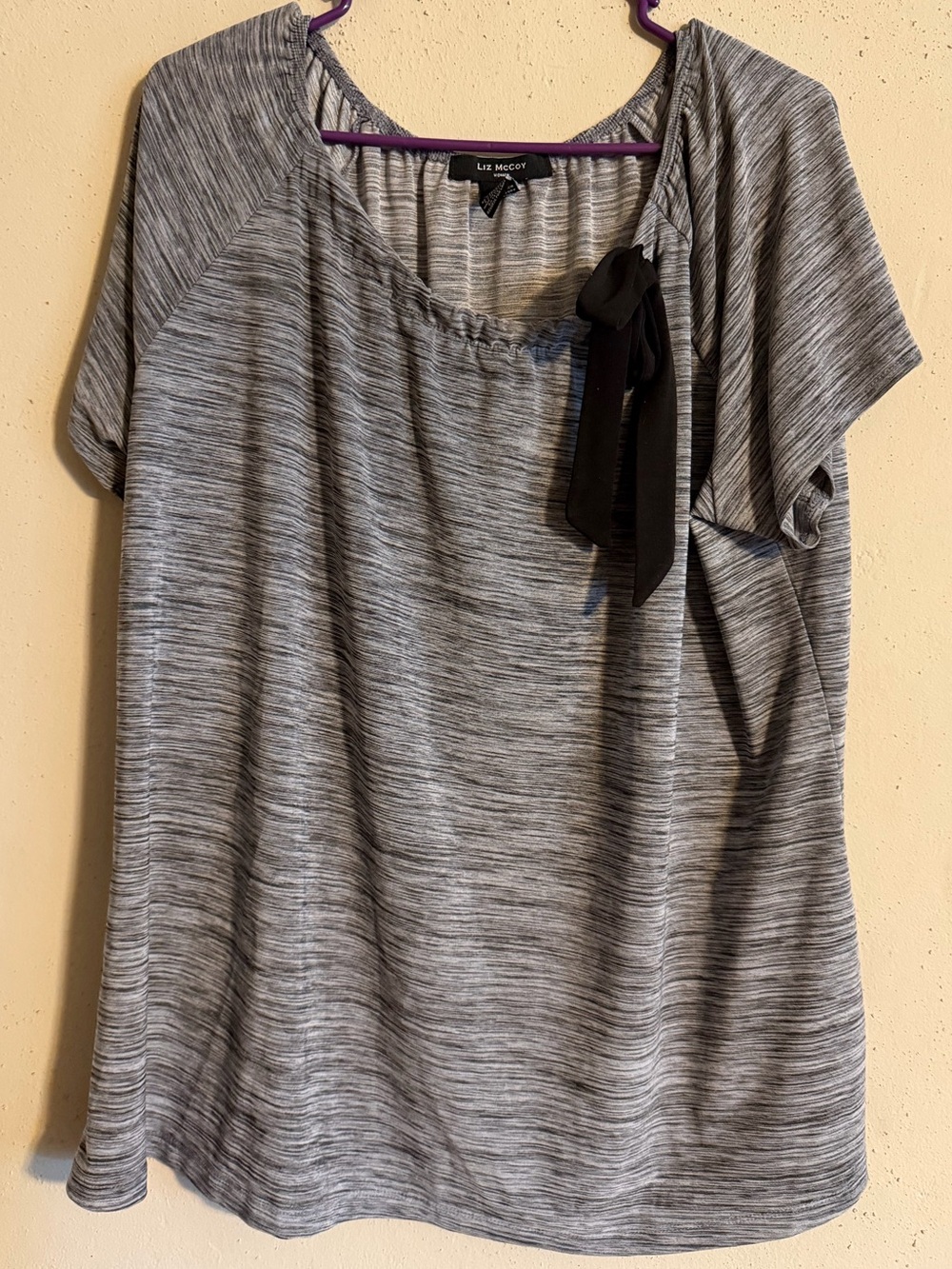 Size 2X - Mccoy Gray Space-Dye Short Sleeve Top with Black Tie Accent